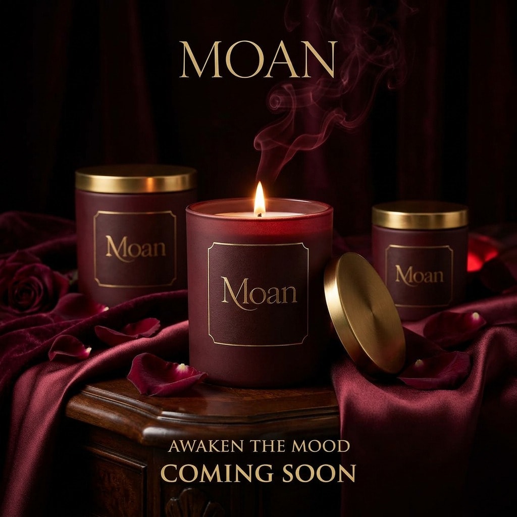 Moan premium mood — three burgundy jars on silk with lit flame