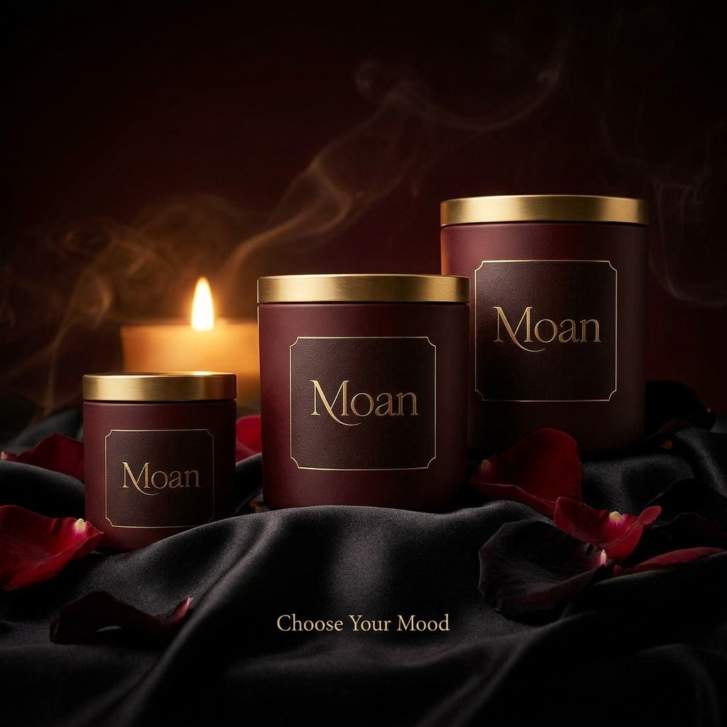 Moan collection — three sizes on black silk with rose petals